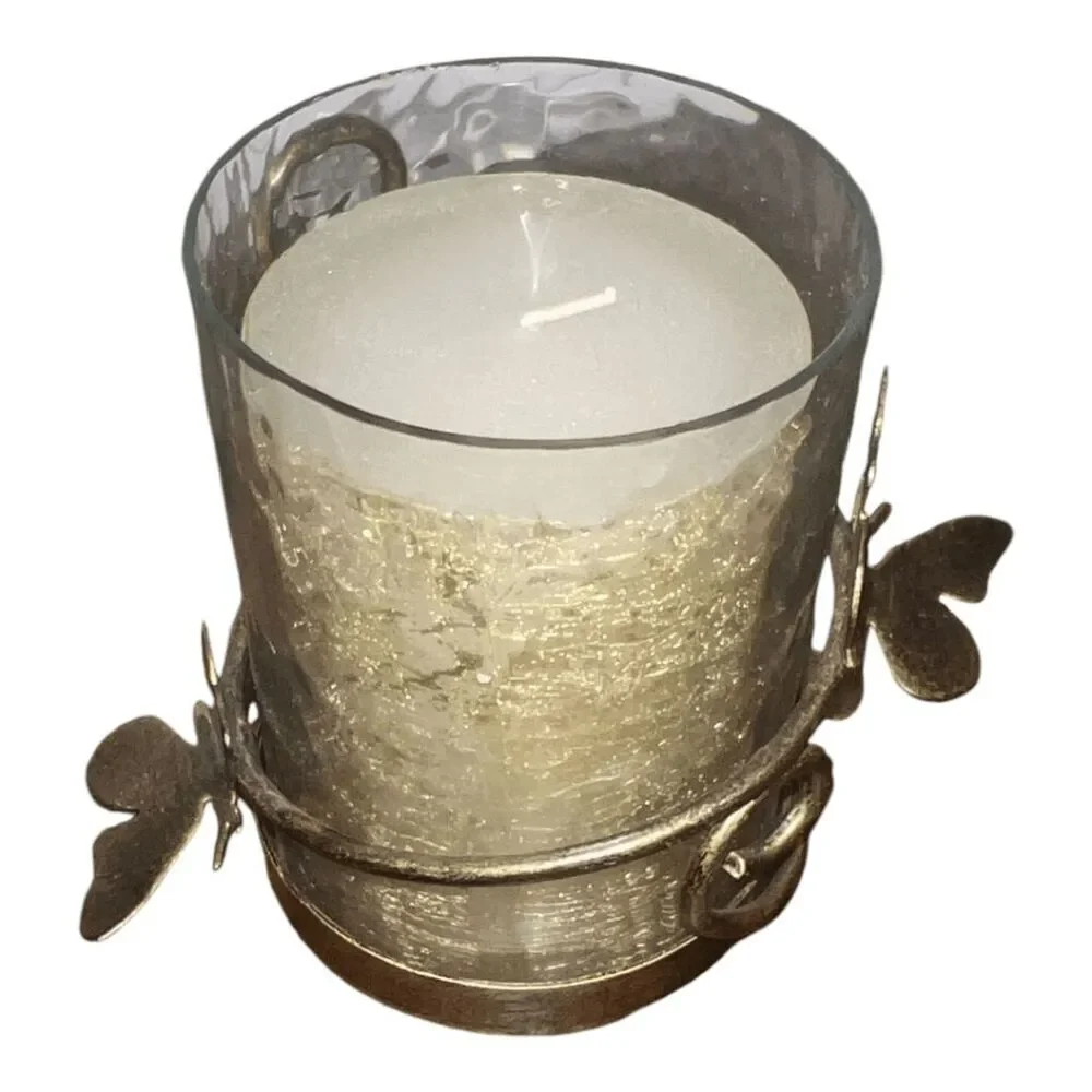 Decorative Glass Candle Holder with Butterfly Accents, 5 x 3.5 inches